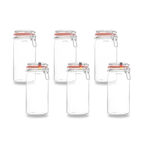 BAUER Flaschenbauer- 6 Drahtbügelgläser 1550ml verwendbar als Einmachglas und Fermentierglas, Gläser zum Befüllen, Leere Gläser mit Drahtbügel mit Weißen und Roten Dichtungsringen - made in Germany von BAUER