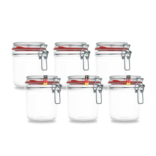 BAUER Flaschenbauer- 6 Drahtbügelgläser 530ml verwendbar als Einmachglas und Fermentierglas, Gläser zum Befüllen, Leere Gläser mit Drahtbügel mit Weißen und Roten Dichtungsringen - made in Germany von BAUER