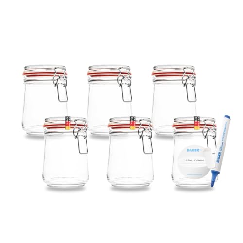 BAUER Flaschenbauer - 6-teiliges Set Drahtbügel-Vorratsgläser 800ml, geeignet als Einmach- und Fermentierglas, zur Aufbewahrung, zum Befüllen, Drahtbügelgläser Inklusive Etiketten - Made in Germany von flaschenbauer.de