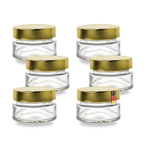 Flaschenbauer - 6er Set Mini Einmachgläser 75ml - TO 58 Deep Deckel Gold - Perfekt für Marmelade, Gewürze, Honig, Gelee und DIY Geschenke - Luftdicht - Spülmaschinenfest von flaschenbauer.de