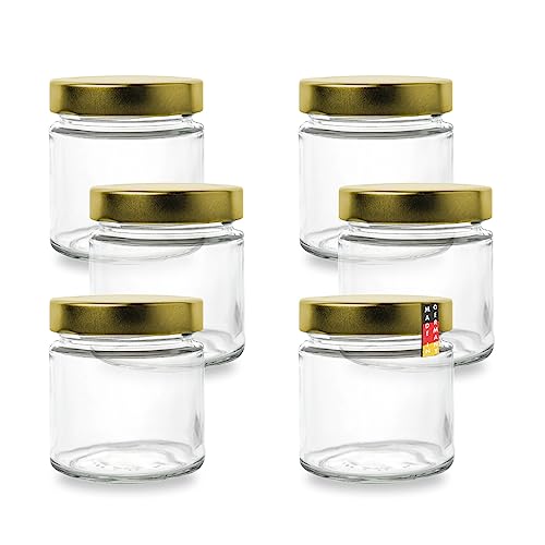 Flaschenbauer - 6er Set Mini Marmeladengläser 212ml - Konservengläser für Marmelade, Konfitüre, Gelee, Gewürze, Honig, mit Goldenen Deckeln, Deep Twist-Off-Mündung 66mm, Luftdicht, Spülmaschinenfest von flaschenbauer.de