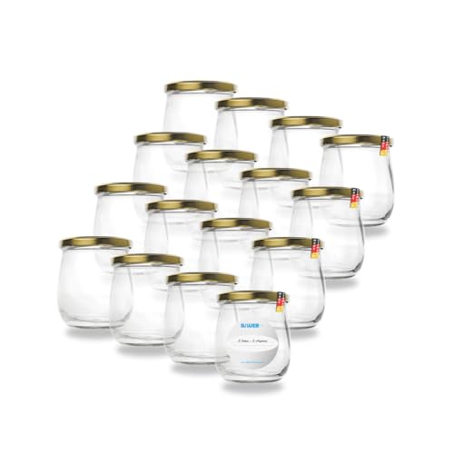Flaschenbauer 417ml Premium Einmachgläser, 16 x vielseitige Konservengläser mit TO82 Twist-Off Deckel, inklusive Etiketten - für Marmeladen, Honig, Obst, Gemüse - Diverse Farben & Sets [Gold] von flaschenbauer.de