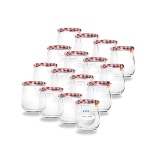 Flaschenbauer 417ml Premium Einmachgläser, 16 x vielseitige Konservengläser mit TO82 Twist-Off Deckel, inklusive Etiketten - für Marmeladen, Honig, Obst, Gemüse - Diverse Farben & Sets [Rot/Weiß] von flaschenbauer.de
