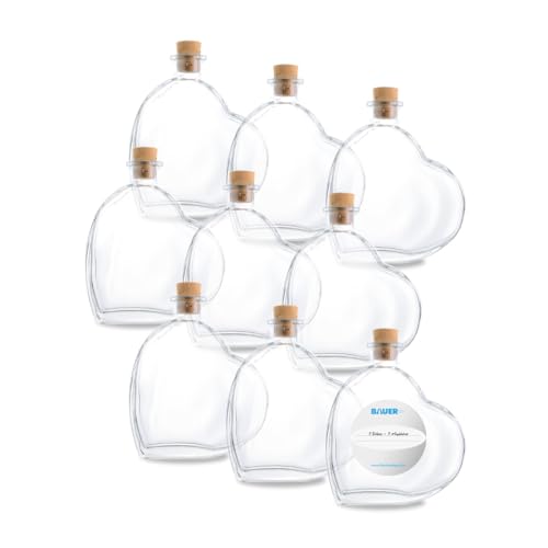 Flaschenbauer - 9 x Herz Flasche Passion: Glasflasche Herz 200 ml - 9 Mini Glasflaschen mit Korken verwendbar als Geschenkidee, kleine Glasflaschen 200ml, Schnapsflaschen klein - Inklusive Etikett von flaschenbauer.de