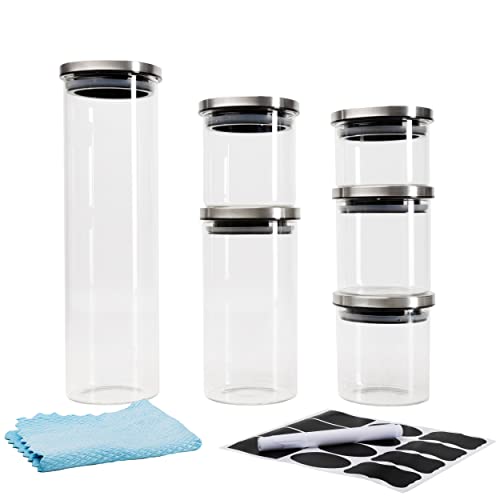 BAUER Flaschenbauer Vorratsgläser mit Deckel aus Borosilikatglas zur luftdichten Aufbewahrung inkl. Etiketten, Stift & Microfasertuch 1x 2000ml / 1x 1100ml / 3x 500ml / 1x 250ml / Edelstahlverschluss von flaschenbauer.de