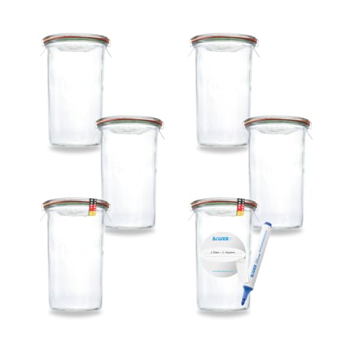 Flaschenbauer - 1l Einmachglas 1000ml Sturz-Form - verwendbar als Marmeladenglas, Vorratsglas, Konservenglas 6 Stück Inklusive Etikett - Made in Germany von flaschenbauer.de