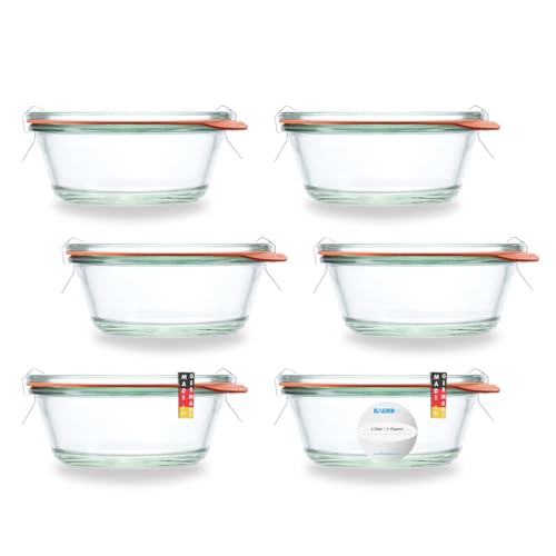 WECK Gourmetgläser 300 ml, 6er Set inkl. Verschluss und Dichtung – Hochwertige Einmachgläser für Saucen, Gewürze, Desserts und Geschenke – langlebig, lebensmittelsicher, inklusive Etiketten von flaschenbauer.de