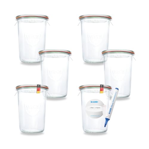 Flaschenbauer - Sturzglas Einmachglas 850ml mit Gummiringen und Klammern I verwendbar als Marmeladenglas, Vorratsglas, Konservenglas 6 Stück Inklusive Etikett - Made in Germany von flaschenbauer.de