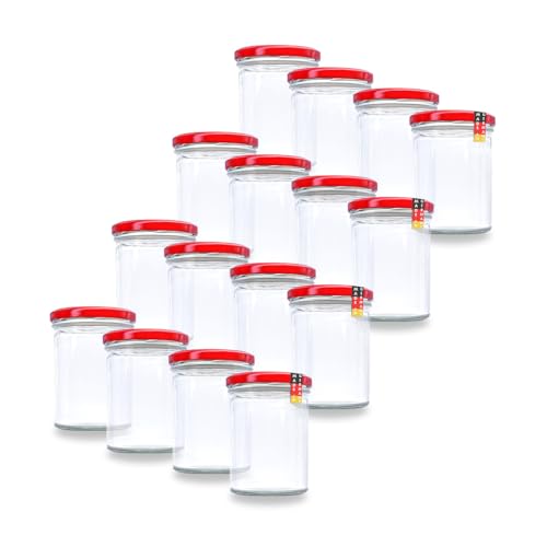 flaschenbauer.de 16er Set Sturzgläser 430 ml inkl. Twist Off Deckel TO82 zum Einmachen von Suppen, Babynahrung (Deckel Rot, TO82) von flaschenbauer.de