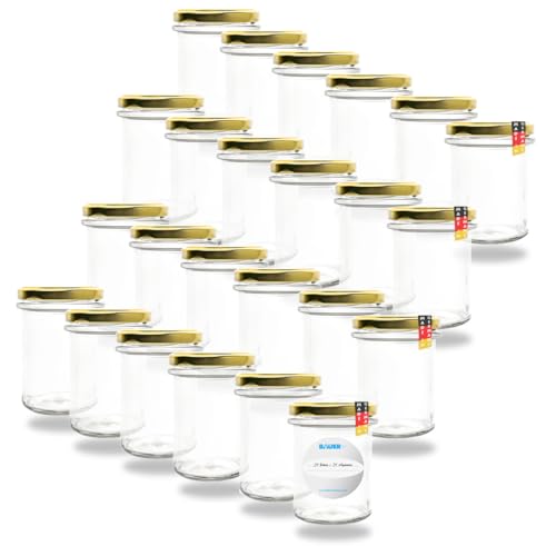 Flaschenbauer 24er Set Marmeladengläser 230ml - Sturzgläser & Einmachgläser, vielseitig einsetzbar, inklusive Etiketten, wahlweise farbige Twist-Off Deckel TO66 - ideal für Suppen, Dips, Tee [Gold] von flaschenbauer.de