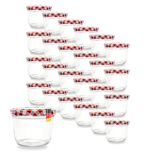 Flaschenbauer 24er Set Premium Sturzgläser 230 ml – Vielseitige Marmeladengläser & Einmachgläser mit farbigem Twist-Off-Deckel, inklusive Etiketten. Ideal für Suppen, Dips, Tee, Kräuter (Rot-Kariert) von flaschenbauer.de
