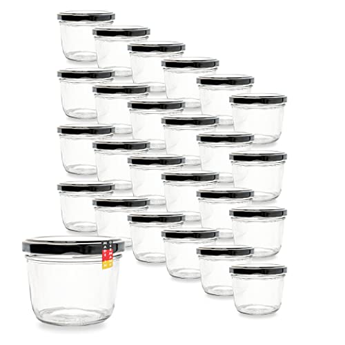 Flaschenbauer 24er Set Premium Sturzgläser 230 ml – Vielseitige Marmeladengläser & Einmachgläser mit farbigem Twist-Off-Deckel, inklusive Etiketten. Ideal für Suppen, Dips, Tee, Kräuter (Schwarz) von flaschenbauer.de