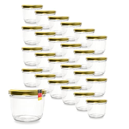 Flaschenbauer 24er Set Premium Sturzgläser 230ml - Vielseitige Marmeladengläser & Einmachgläser mit Wahlweise Farbigen Twist Off Deckeln - Ideal für Suppen, Dips, Tee, Kräuter - TO82/Gold von flaschenbauer.de