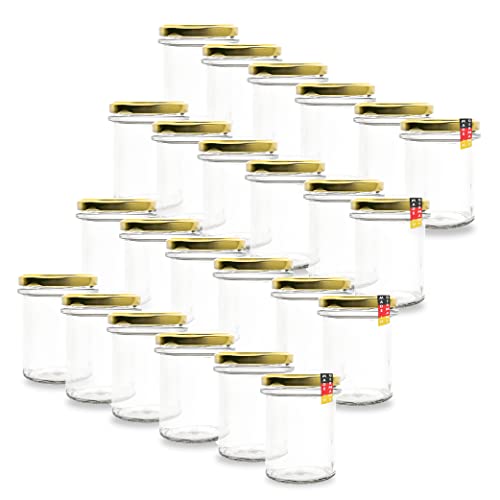 flaschenbauer.de 24er Set Sturzgläser 214 ml inkl. goldene Twist Off Deckel TO66 zum Einmachen von Suppen, Babynahrung, Dips oder zur Aufbewahrung von Tee und Kräuter von BAUER