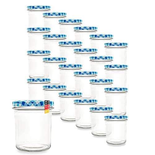 flaschenbauer.de 24er Set Sturzgläser 340 ml inkl. blau Karierte Twist Off Deckel TO82 zum Einmachen von Suppen, Babynahrung, Dips oder zur Aufbewahrung von Tee und Kräuter von flaschenbauer.de