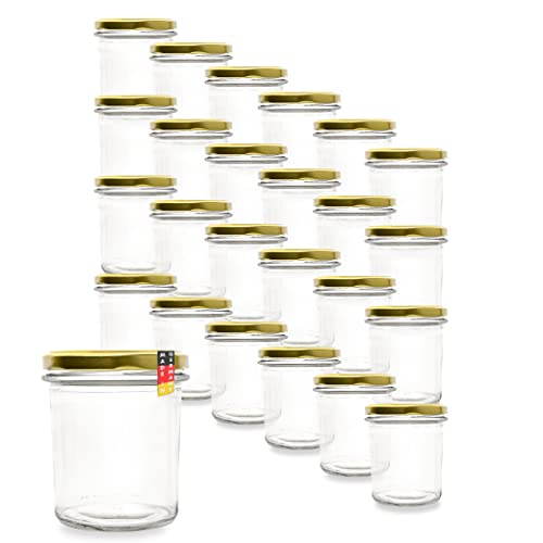 flaschenbauer.de 24er Set Sturzgläser 340 ml inkl. goldene Twist Off Deckel TO82 zum Einmachen von Suppen, Babynahrung, Dips oder zur Aufbewahrung von Tee und Kräuter von flaschenbauer.de