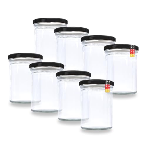 flaschenbauer.de 8er Set Sturzgläser 430 ml inkl. Twist Off Deckel TO82 zum Einmachen von Suppen, Babynahrung (Deckel Schwarz, TO82) von flaschenbauer.de