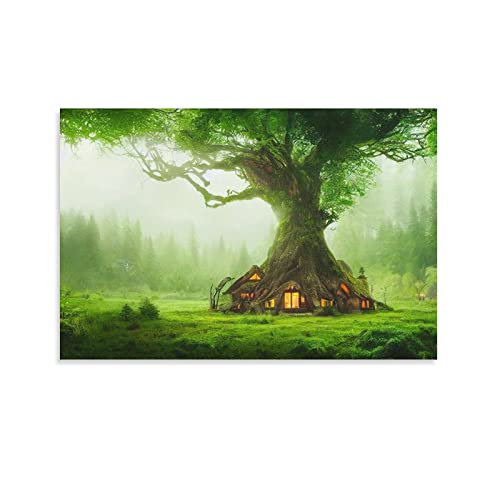 flechr Baumhaus Magische Waldbäume Natur Grün KI-Kunst Wandkunst Poster Drucke Heimdekoration Bild Leinwand Malerei Poster 60 x 90 cm von flechr