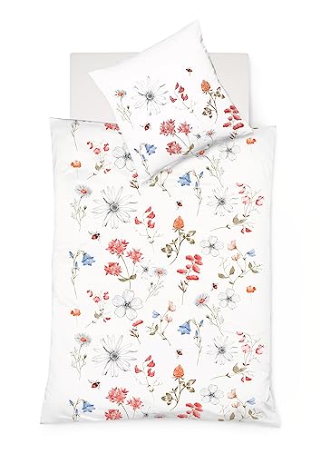 fleuresse 113825, sommerliche Mako-Satin-Bettwäsche, sommerliche Blumen mit Bienen, Oeko-TEX® Standard 100 Zertifiziert, 155 x 200 cm, Fb. Rot von fleuresse