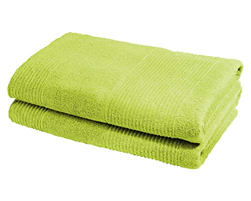 fleuresse Frottier 2828 2er-Set Duschtuch, mit Streifenbordüre und Kordelaufhänger, Ökotex Standard 100, Gewicht 550 gr. pro m², 70 x 140 cm, grün von fleuresse