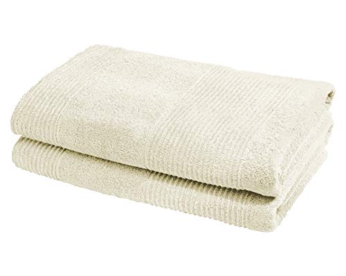 fleuresse Frottier 2828 2er-Set Duschtuch, mit Streifenbordüre und Kordelaufhänger, Ökotex Standard 100, Gewicht 550 gr. pro m², 70 x 140 cm, Natur von fleuresse