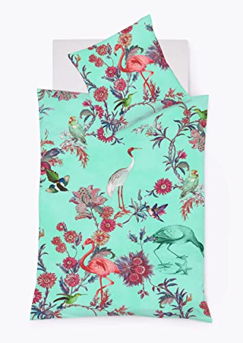 fleuresse Mako-Satin Bettwäsche 135x200 Flamingo Vögel Tropik türkis 023513-19 von fleuresse