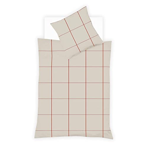 fleuresse gewebte Edelflanell Bettwäsche Lech Bootle Natur-rot 1 Bettbezug 135 x 200 cm + 1 Kissenbezug 80 x 80 cm von fleuresse
