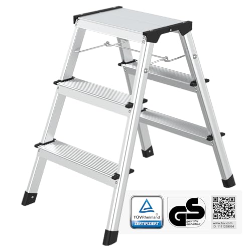 flexilife Trittleiter - Tritt Leiter Aluminium - Trittleiter 3 Stufen klappbar - Klappleiter bis 150 kg belastbar - Haushaltsleiter, Aluleiter (2 x 3 Stufen) von flexilife