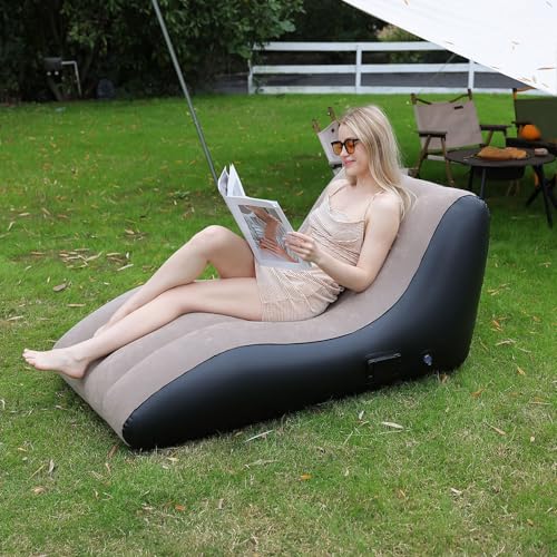 flexman Aufblasbare Liege, PVC Beflockter Aufblasbarer Sofasessel, 54,33 X 30,71 X 25,98 Zoll Aufblasbare Pool Schwimmhilfen für Zuhause Garten Camping Reisen Strand Terrasse (Kaffee) von flexman