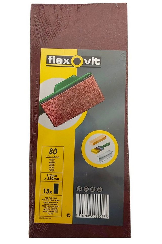 flexovit Schleifpapier 15 STK Schleifpapier für Schwingschleifer Körnung 80 115mm x 280mm sch, (15 St) von flexovit