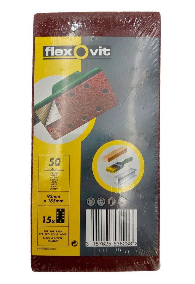 flexovit Schleifpapier 15 STK Schleifstreifen mit Klettverschluss Schwingschleifer 93mm x 185, (15 St) von flexovit