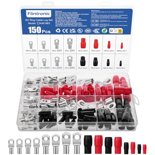 Flintronic 150PC Rohrkabelschuh, M6 M8 Kabelschuhe 6mm², 10 mm², 16mm², 25mm², Unisolierte SC Ringkabelschuh, Kupfer mit Zinn überzogen, Rohrkabelschuhe, für Batteriekabel Kfz Verteilerkästen Auto von flintronic