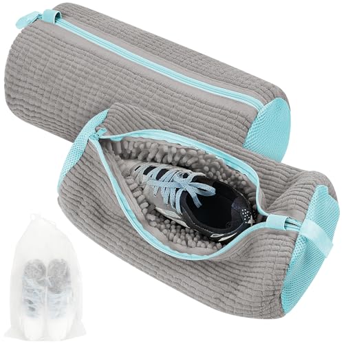 Flintronic 2PC Schuhbeutel Waschmaschine Schuhwaschbeutel, Schuhe Waschbeutel, mit 360°-Reinigungsflaum & Reißverschluss, Wiederverwendbare Netzschuhe Wäschesack, für Waschmaschine Trockner(Grau) von flintronic