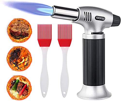 Flintronic Flambierbrenner Küchenbrenner, Butan Gasbrenner mit 2 Silikonbürsten, Lötbrenner Sicherheitsschloss & Edelstahl für Creme Brulee, Grill, Kochen, Camping (Butan inbegriffen nicht) Silber von flintronic