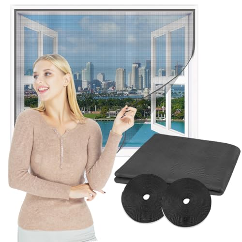Flintronic Fliegengitter Fenster, Flammhemmendes Fiberglas Fliegengitter 150 x 180 cm, Schneidbar Insektenschutz Moskitonetz, mit 2 Rollen Klettverschluss, DIY Insektengitter ohne Bohren(Grau) von flintronic