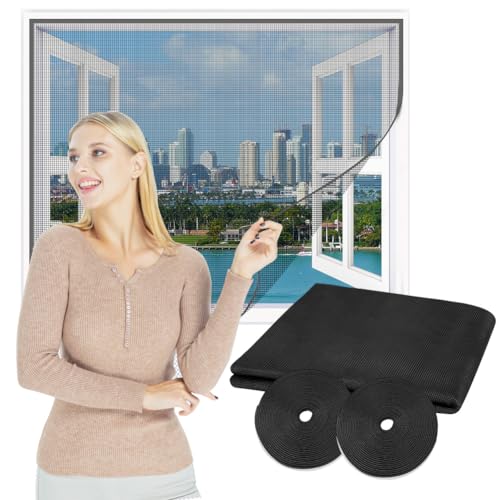 Flintronic Fliegengitter Fenster, Flammhemmendes Fiberglas Fliegengitter 150 x 180 cm, Schneidbar Insektenschutz Moskitonetz, mit 2 Rollen Klettverschluss, DIY Insektengitter ohne Bohren(Schwarz) von flintronic