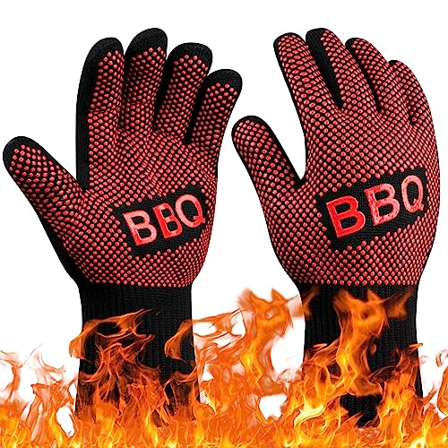 Flintronic Grillhandschuhe Hitzebeständig mit 800°C, Feuerfeste Handschuhe, Backhandschuhe, Kochhandschuhe, Ofenhandschuhe, für Backen, Küche & Grillen - Rot BBQ von flintronic