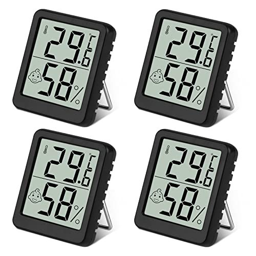 Flintronic Mini LCD Thermometer, 4 Stück Digital Thermometer Innen, Hygrometer Innen, Thermometer Hygrometer, Kabelloses, Luftfeuchtigkeit Meter für Babyzimmer Wohnzimmer Büro Gewächshaus(Schwarz) von flintronic