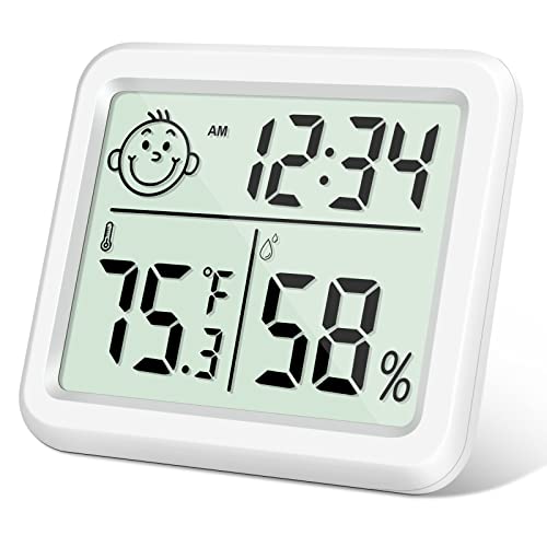 Flintronic Thermometer Hygrometer Innen, Mini LCD Anzeige Von Zeit Temperatur, Emoticon-anzeige Luftfeuchtigkeitsmesser für Den Innenbereich, Zuhause, Büro, Schule, Hotel und Gewächshaus(8 x 7CM) von flintronic
