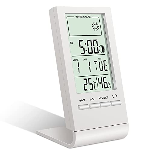 Flintronic Thermometer Hygrometer Innen, Wettervorhersage Hygrometer, Mini LCD Anzeige Von Datum, Zeit Temperatur, Luftfeuchtigkeitsmesser für Innenbereich, Zuhause,Büro, Schule, Hotel und Gewächshaus von flintronic
