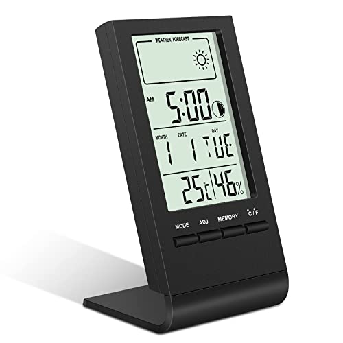 Flintronic Thermometer Hygrometer Innen, Wettervorhersage Hygrometer, Mini LCD Anzeige Von Datum, Zeit Temperatur, Luftfeuchtigkeitsmesser für Innenbereich, Zuhause,Büro, Schule, Hotel und Gewächshaus von flintronic