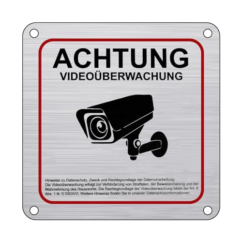 Flintronic Videoüberwachung Schild, 1-er 15x15cm Aluminium Schilder Kameraüberwachung mit DSGVO Hinweis, Achtung Privatgrundstück Warnschild für Innen Außen, Selbstklebend und 4 Bohrlöcher (10mm Dick) von flintronic