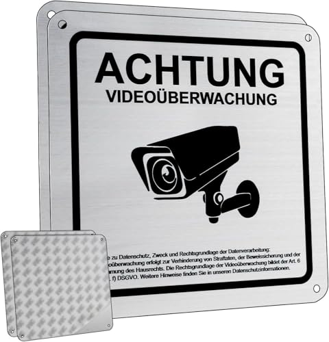 Flintronic Videoüberwachung Schild, 2-er 15x15cm Aluminium Schilder Kameraüberwachung mit DSGVO Hinweis, Achtung Privatgrundstück Warnschild für Innen Außen, Selbstklebend und 4 Bohrlöcher (10mm Dick) von flintronic