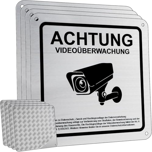 Flintronic Videoüberwachung Schild, 4-er 15x15cm Aluminium Schilder Kameraüberwachung mit DSGVO Hinweis, Achtung Privatgrundstück Warnschild für Innen Außen, Selbstklebend und 4 Bohrlöcher (10mm Dick) von flintronic