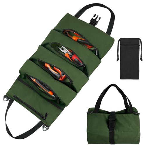 Flintronic tragbare Aufbewahrungstasche flintronic Werkzeug Rolltasche, Schraubenschlüssel Werkzeugtasche, Mehrzweck Rolltasche mit 5 Reißverschlusstaschen, Multifunktionale Rolltasche(Grün) von flintronic