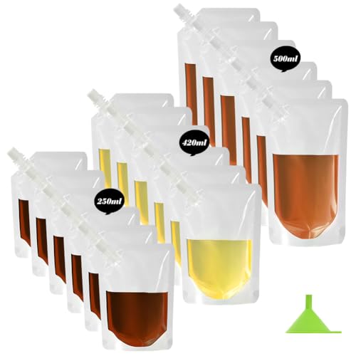 Flintronic 18 Stück Trinkbeutel Set, Plastik Schnapsbeutel, Wiederverwendbar Getränke Beutel, Saft Trinkbeutel, Einweggetränkebeutel für Reisen, Picknick, Camping, Party, 250ml, 420ml, 500 ml von flintronic