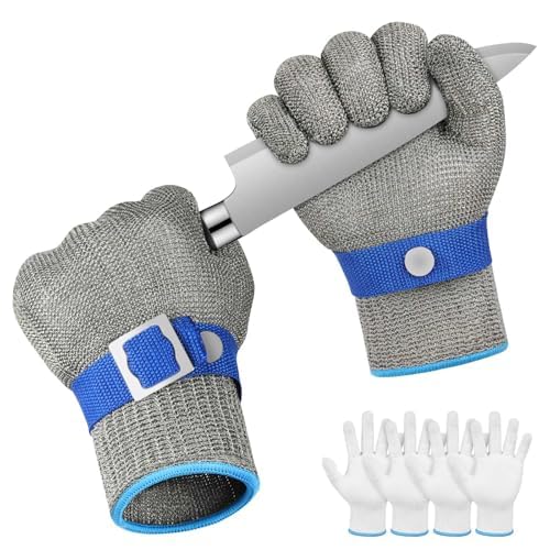 flintronic 2 Stück Schnittschutzhandschuh, Schnittschutzhandschuh aus Edelstahl mit 4 Baumwoll Handschuh, Level 9 Schnittfeste Handschuhe, Kettenhandschuh, Austernhandschuh, Küchenhandschuhe (L) von flintronic