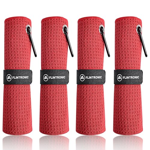 flintronic 4PCS Mikrofaser-Golf-Handtuch, 40 * 40 cm, mit Karabiner-Clip, Waffelmuster, Golf-Reinigungstuch, Rot von flintronic