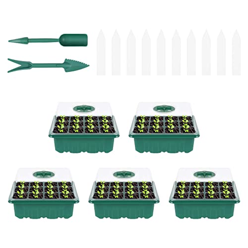 flintronic 5 Stück 60 Zellen Zimmergewächshaus Anzuchtkasten, Mini Gewächshaus Anzucht Set,Treibhaus Anzuchtkasten mit Deckel und Belüftung,10 Pflanzenmarker,Anzuchtschale für Gärten und Gemüsegärten von flintronic