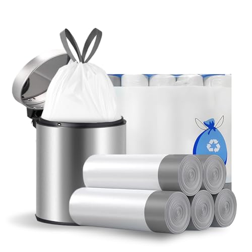 flintronic 75 Stück Recycling Zugband Müllbeutel, Abbaubar Maisstärke Material, 10 Liter Bio Müllbeutel, Küchen Lebensmittel Abfallbeutel für Küche, Büro, Wohnzimmer (45 * 50cm, Weiß) von flintronic